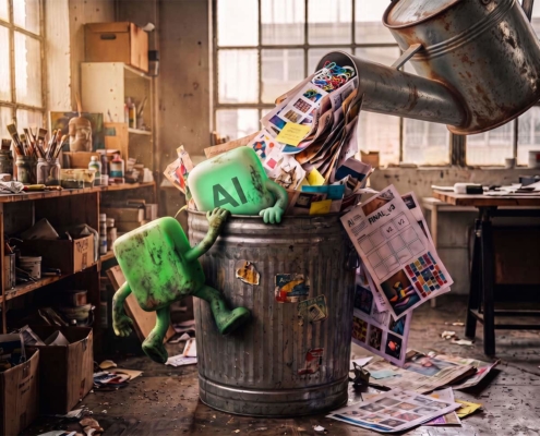 Overvolle metalen afvalbak gevuld met creatieve ontwerpen, schetsen en papierwerk terwijl een AI-figuur tussen de creatieve reststromen zichtbaar is in een atelieromgeving.