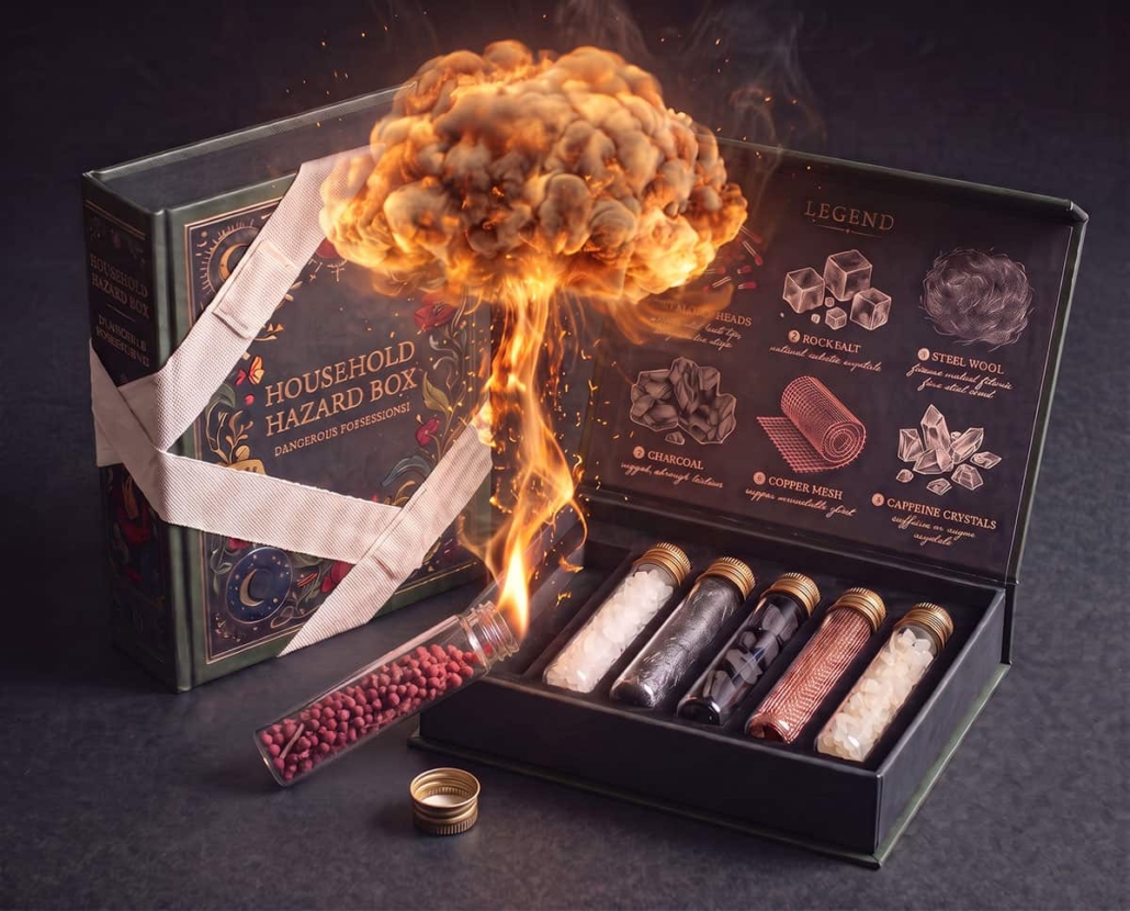 gevaarlijke-verpakking Geopende Household Hazard Box met zes glazen reageerbuizen gevuld met luciferkoppen, zoutkristallen, staalwol, houtskool, kopergaas en kristallen, gepresenteerd als een museumwaardige verzameling van alledaagse maar potentieel risicovolle materialen.