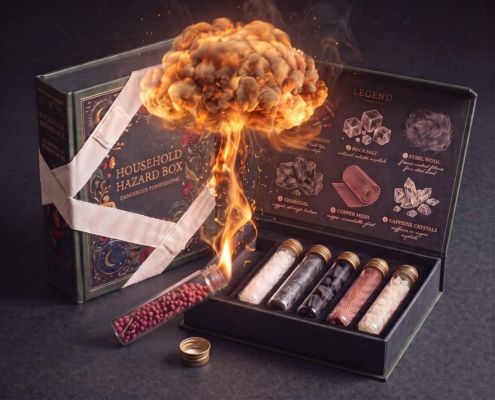 Geopende Household Hazard Box met zes glazen reageerbuizen gevuld met luciferkoppen, zoutkristallen, staalwol, houtskool, kopergaas en kristallen, gepresenteerd als een museumwaardige verzameling van alledaagse maar potentieel risicovolle materialen.