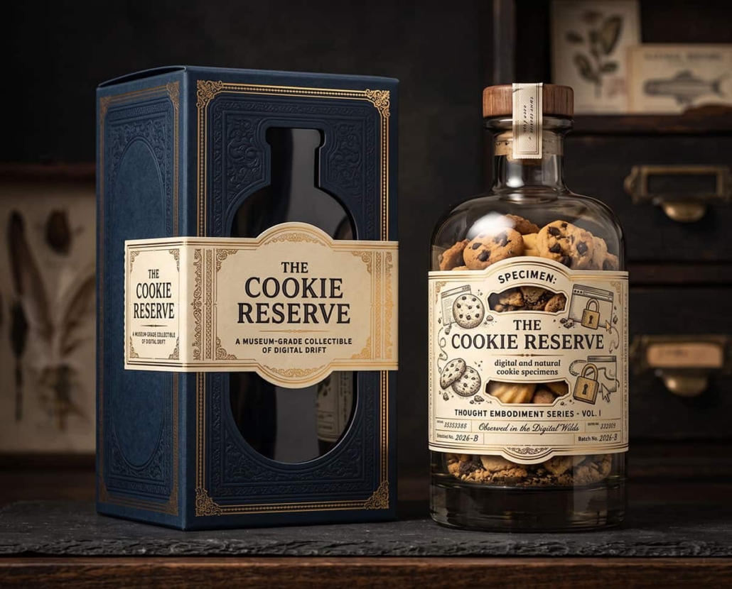 the-cookie-jar-of-consent Glazen voorraadpot gevuld met digitale cookies in verschillende vormen en kleuren, gepresenteerd als metafoor voor de grote hoeveelheid toestemmingverzoeken, trackingmechanismen en cookie-instellingen waarmee internetgebruikers dagelijks worden geconfronteerd.